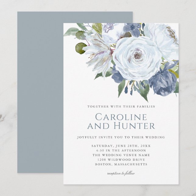 Invitation Mariage floral bleu et blanc poussiéreux (Devant / Derrière)