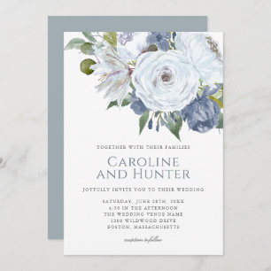 Invitation Mariage floral bleu et blanc poussiéreux