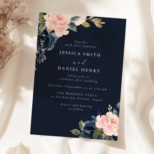 Invitation Mariage floral bleu et bleu marine profond