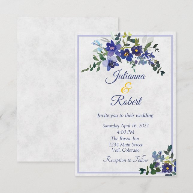 Invitation Mariage floral bleu et jaune d'aquarelle invitati (Devant / Derrière)