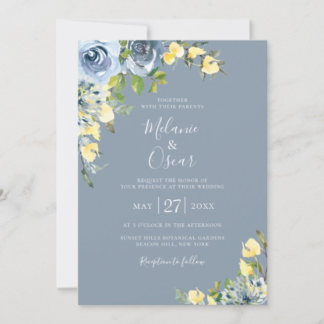 Invitation Mariage floral bleu et jaune Dusty (Devant)