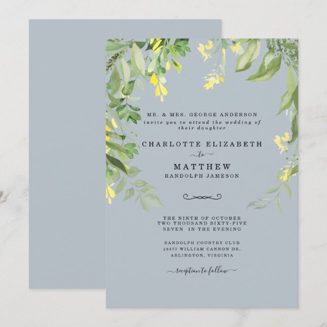 Invitation Mariage floral bleu et jaune moderne Invita (Devant / Derrière)