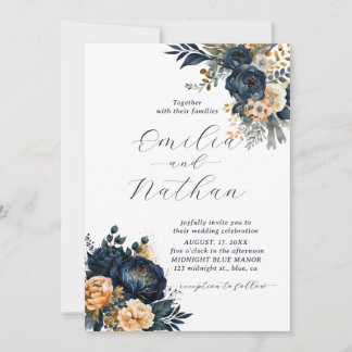 Invitation Mariage floral bleu et or de minuit