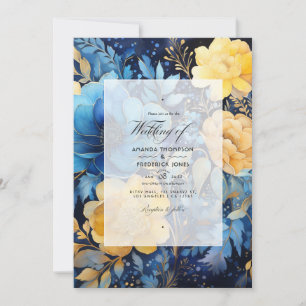 Invitation Mariage Floral Bleu et Or Élémentaire