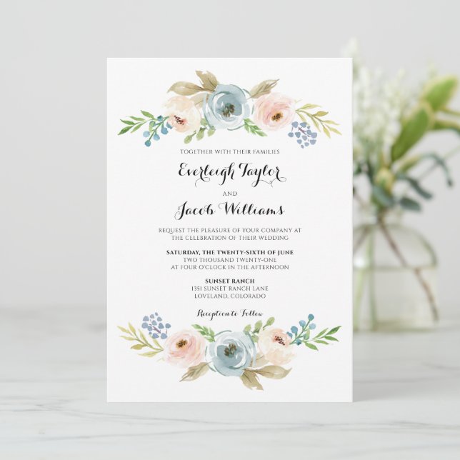 Invitation Mariage floral bleu et rose pâle (Debout devant)
