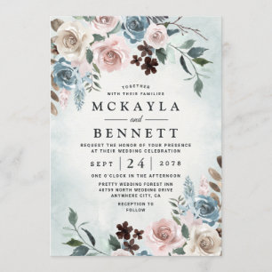 Invitation Mariage floral bleu et rose pâle