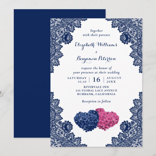 Invitation Mariage floral bleu et rose Rustic Lace Navy (Devant / Derrière)