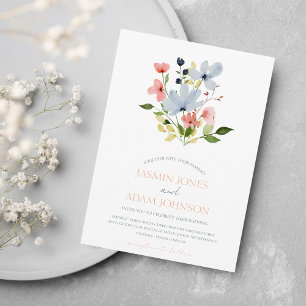 Invitation Mariage floral bleu et rose simple Boho