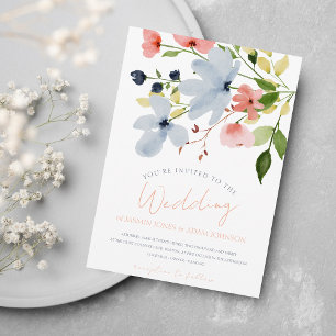 Invitation Mariage floral bleu et rose simple Boho