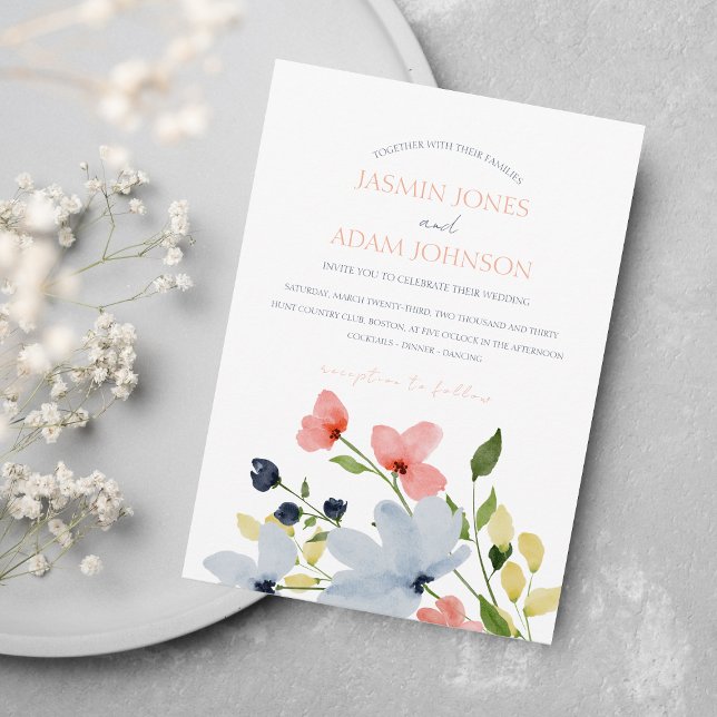 Invitation Mariage floral bleu et rose simple Boho (Créateur téléchargé)