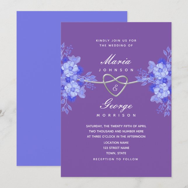 Invitation Mariage floral bleu et violet (Devant / Derrière)