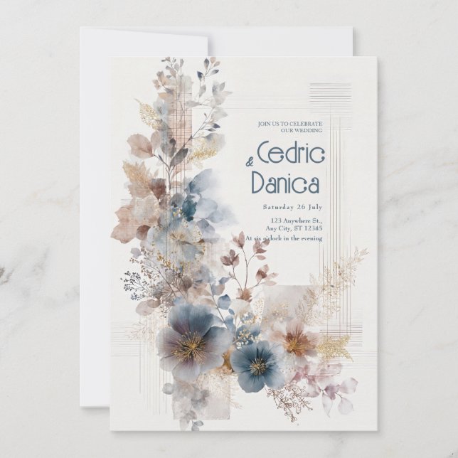 Invitation Mariage floral bleu folk (Devant)