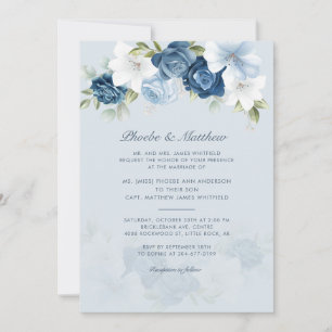 Invitation Mariage floral bleu foncé moderne