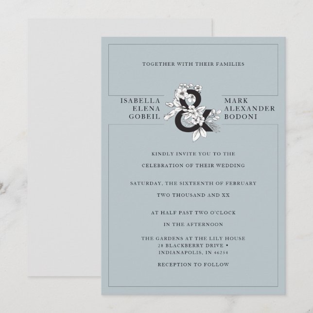 Invitation Mariage Floral bleu foncé moderne (Devant / Derrière)