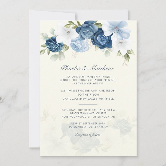 Invitation Mariage floral bleu foncé moderne (Devant)