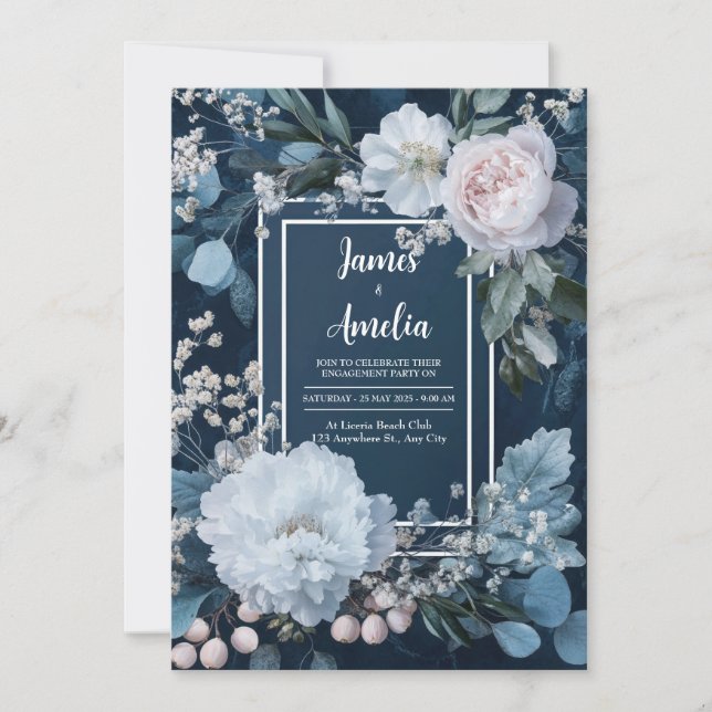 Invitation Mariage floral bleu givré (Devant)