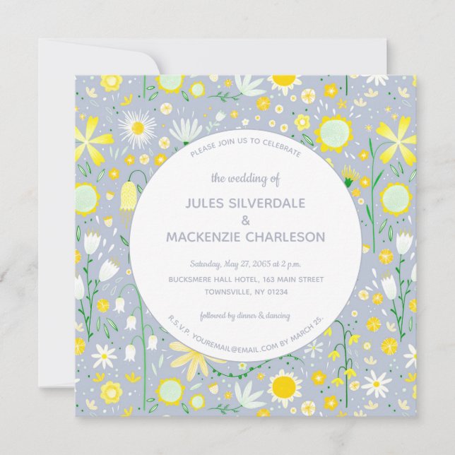 Invitation Mariage Floral bleu jaune moderne (Devant)