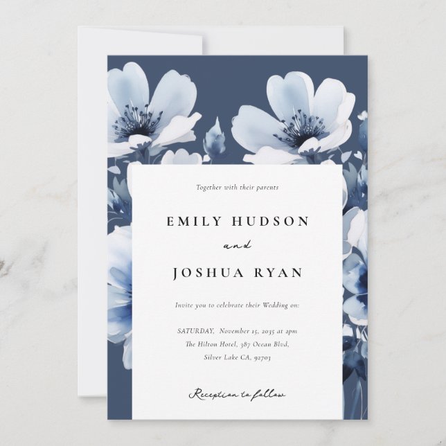 Invitation Mariage floral bleu marine (Devant)