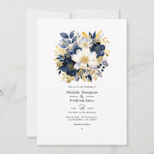 Invitation Mariage floral bleu marine, blanc et or
