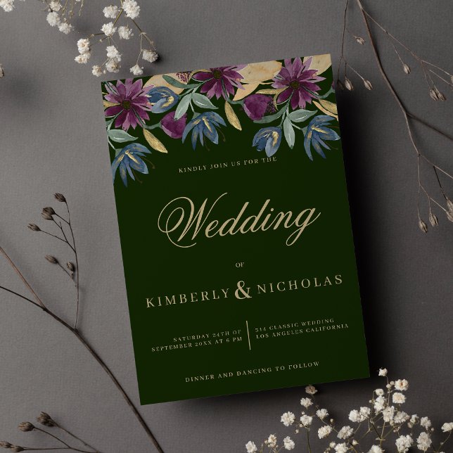 Invitation Mariage floral bleu marine bleu marine chic (Chic dark green navy blue gold floral wedding)