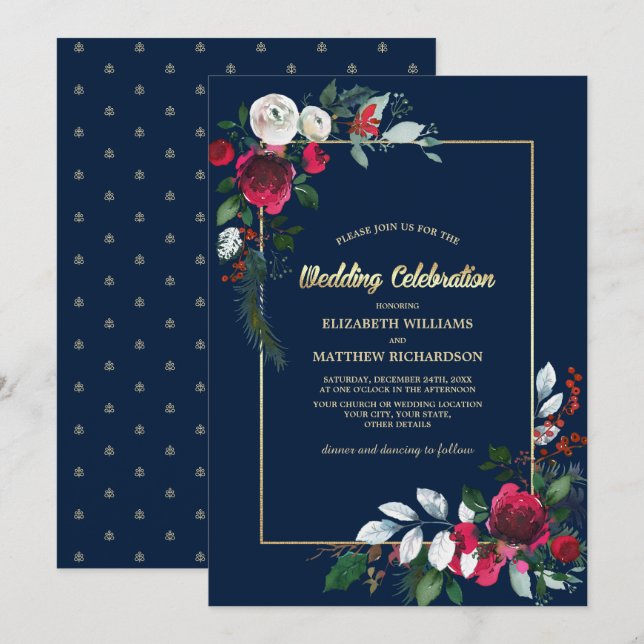 Invitation Mariage floral bleu marine Bourgogne or (Devant / Derrière)
