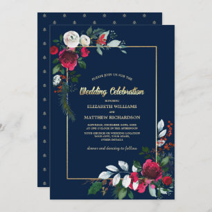 Invitation Mariage floral bleu marine Bourgogne or
