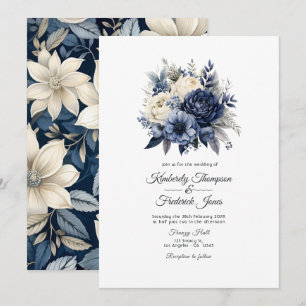 Invitation Mariage floral bleu marine, crème et argent