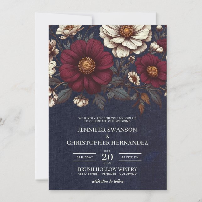 Invitation Mariage floral bleu marine et bourgogne (Devant)