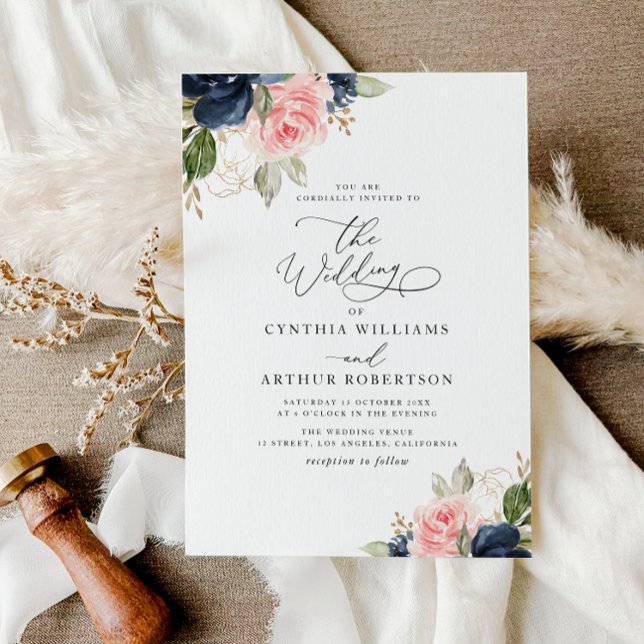 Invitation Mariage floral bleu marine et couleur bleu marine (Créateur téléchargé)