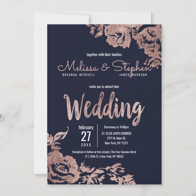 Invitation Mariage floral bleu marine et Rose or (Devant)