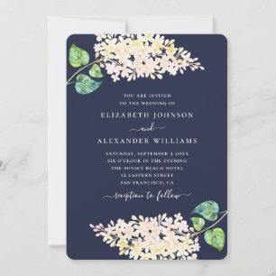 Invitation Mariage floral bleu marine. Fleurs de lilas aquare