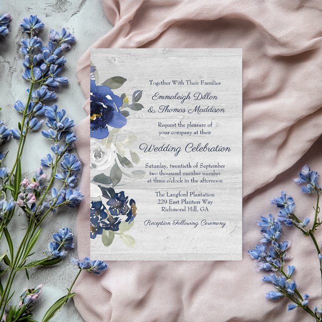 Invitation Mariage floral bleu marine gris argent (Créateur téléchargé)