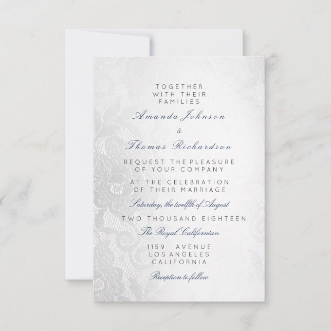 Invitation Mariage Floral Bleu Marine Gris Argent en Dentelle (Devant)