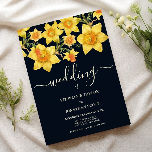 Invitation Mariage floral bleu marine jaune orange jonquilles (Navy blue yellow orange daffodils floral wedding)