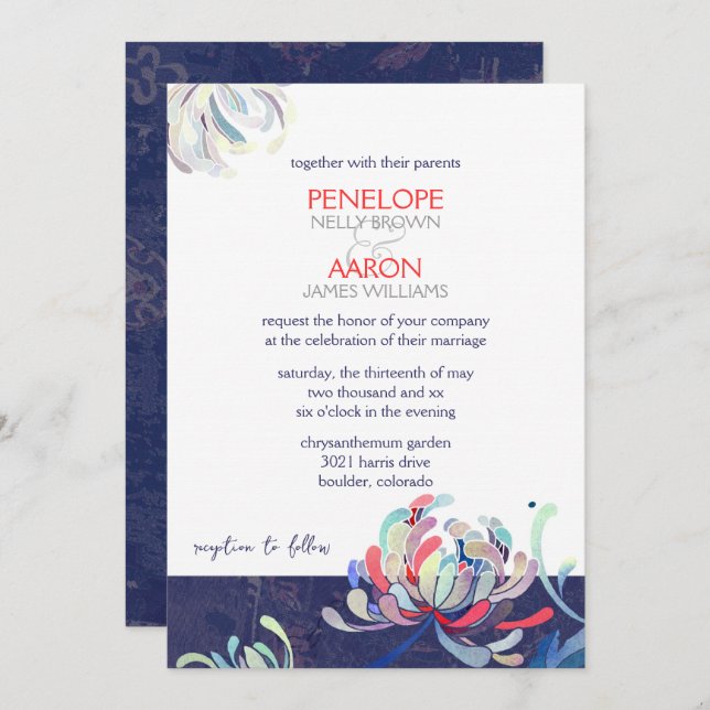 Invitation Mariage floral bleu marine moderne (Devant / Derrière)