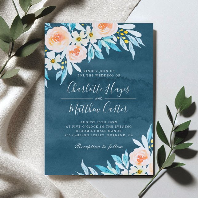 Invitation Mariage floral bleu marine moderne (Créateur téléchargé)