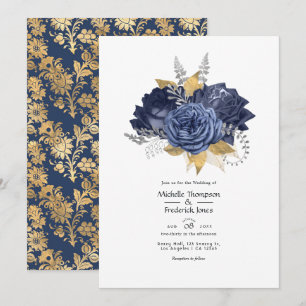 Invitation Mariage floral bleu marine, or et argent