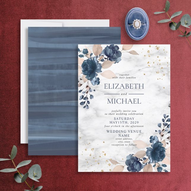Invitation Mariage floral bleu marine PInk marbre rose (Créateur téléchargé)