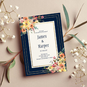 Invitation Mariage floral bleu marine rose orange or printemp