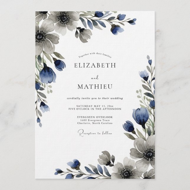 Invitation Mariage Floral Bleu Maussade (Devant)