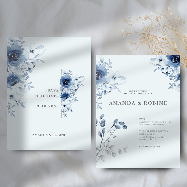 Invitation Mariage floral bleu minimal classique (Créateur téléchargé)