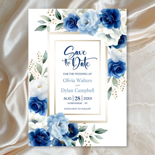 Invitation Mariage floral bleu moderne Enregistrer la date (Créateur téléchargé)
