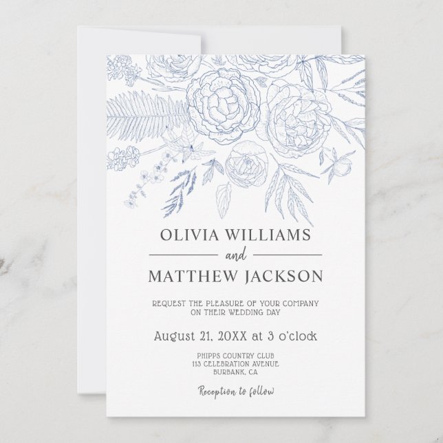 Invitation Mariage floral bleu moderne simple (Devant)