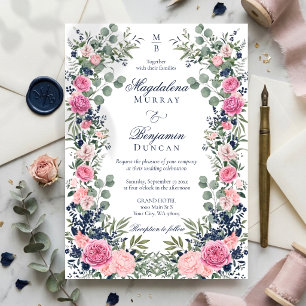 Invitation Mariage Floral Bleu Navy Rose Eucalyptus Verdure