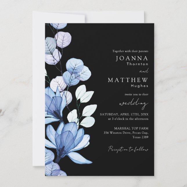 Invitation Mariage Floral bleu noir et blanc (Devant)