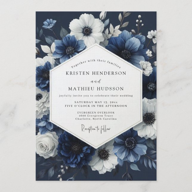 Invitation Mariage Floral Bleu Nuit de la Marine (Devant)
