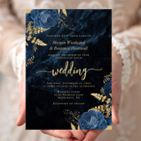 Mariage Floral Bleu Nuit et Or Élégant