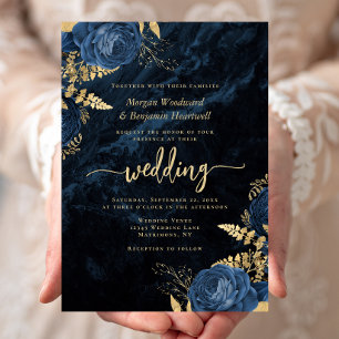 Invitation Mariage Floral Bleu Nuit et Or Élégant
