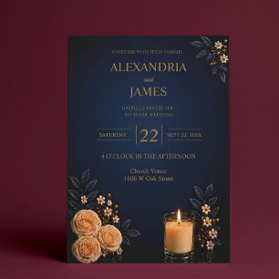 Invitation Mariage Floral Bleu Nuit et Or Élégant