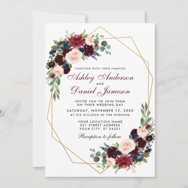 Invitation Mariage floral bleu or géométrique Bourgogne (Devant)